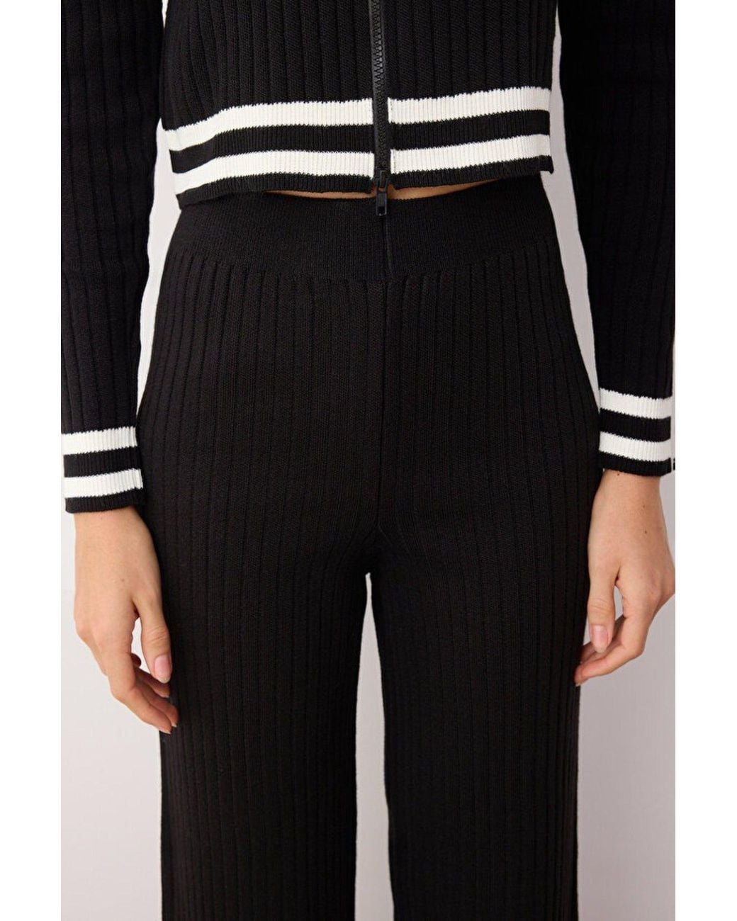 WOVCOR Black 2-Piece Set Zip-Up Knit Cardigan & Wide Leg Pants