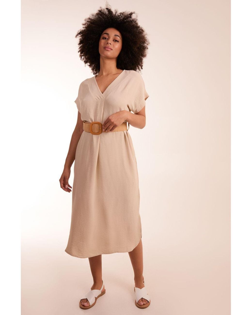 Blue Vanilla Natural Belted V Neck Midi Dress