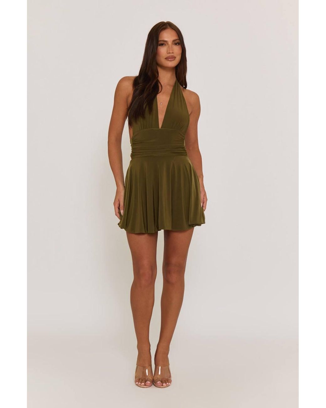 Rebellious Fashion Green Pippa Halter Plunge Neck Mini Dress