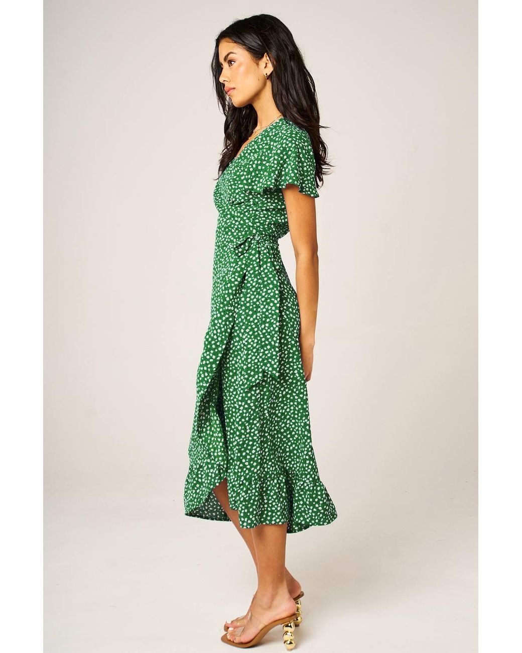 FS Collection Green Angel Sleeve Floral Wrap Midi Dress With Hem Frill Detail