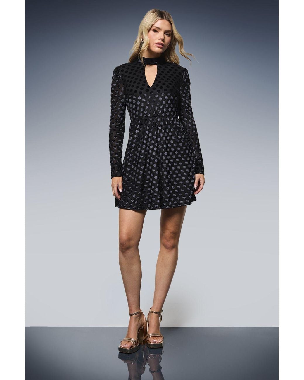 Dorothy Perkins Blue Spot Devore Long Sleeve Mini Dress