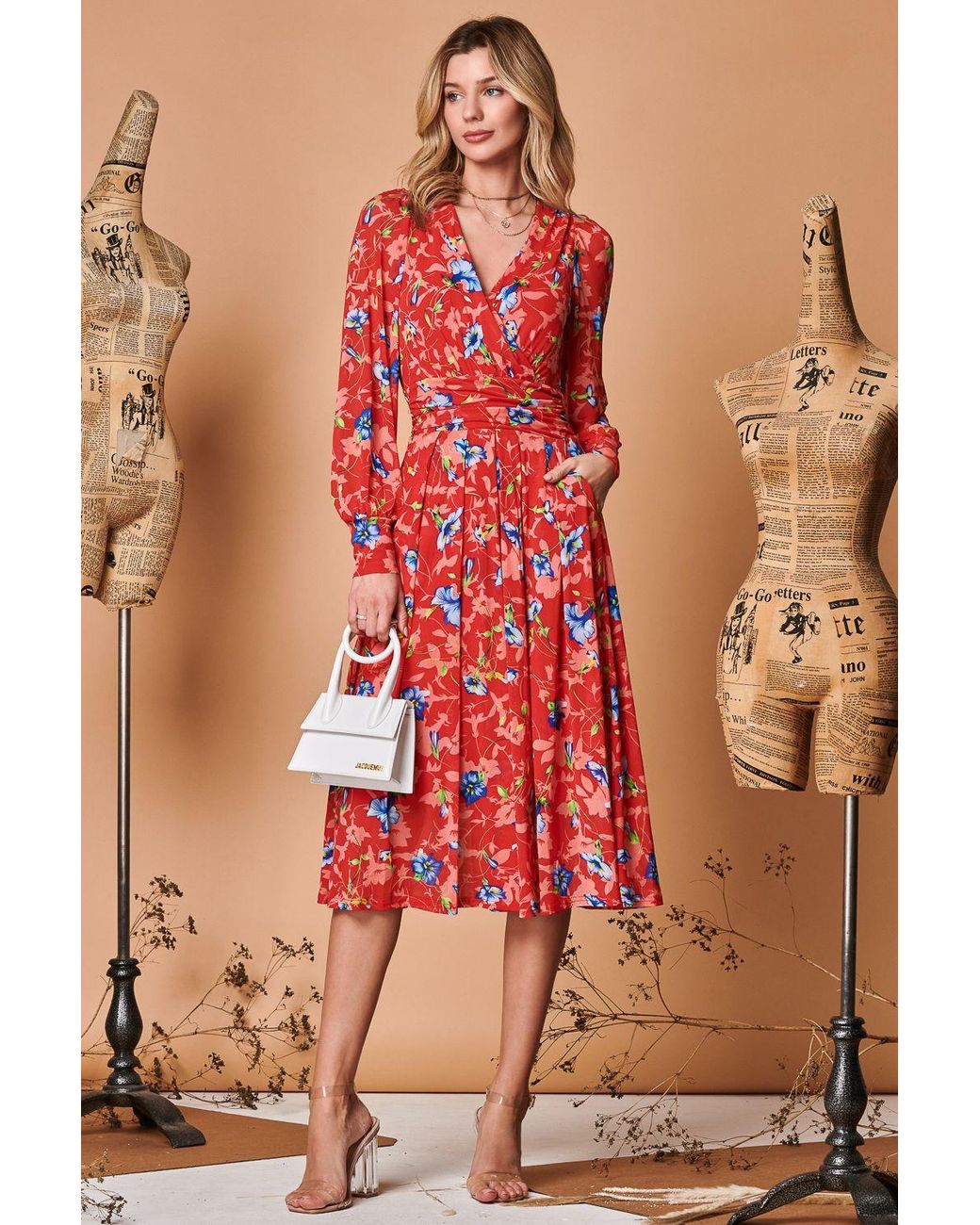 Jolie Moi Red Floral Long Sleeve Mesh Midi Dress