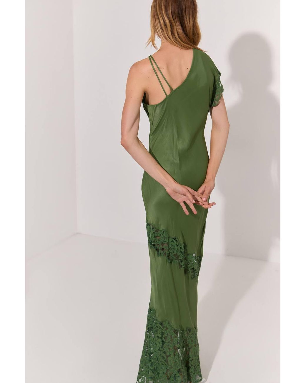 Warehouse Green Petite Premium Asymmetric Neckline Lace Panelled Maxi