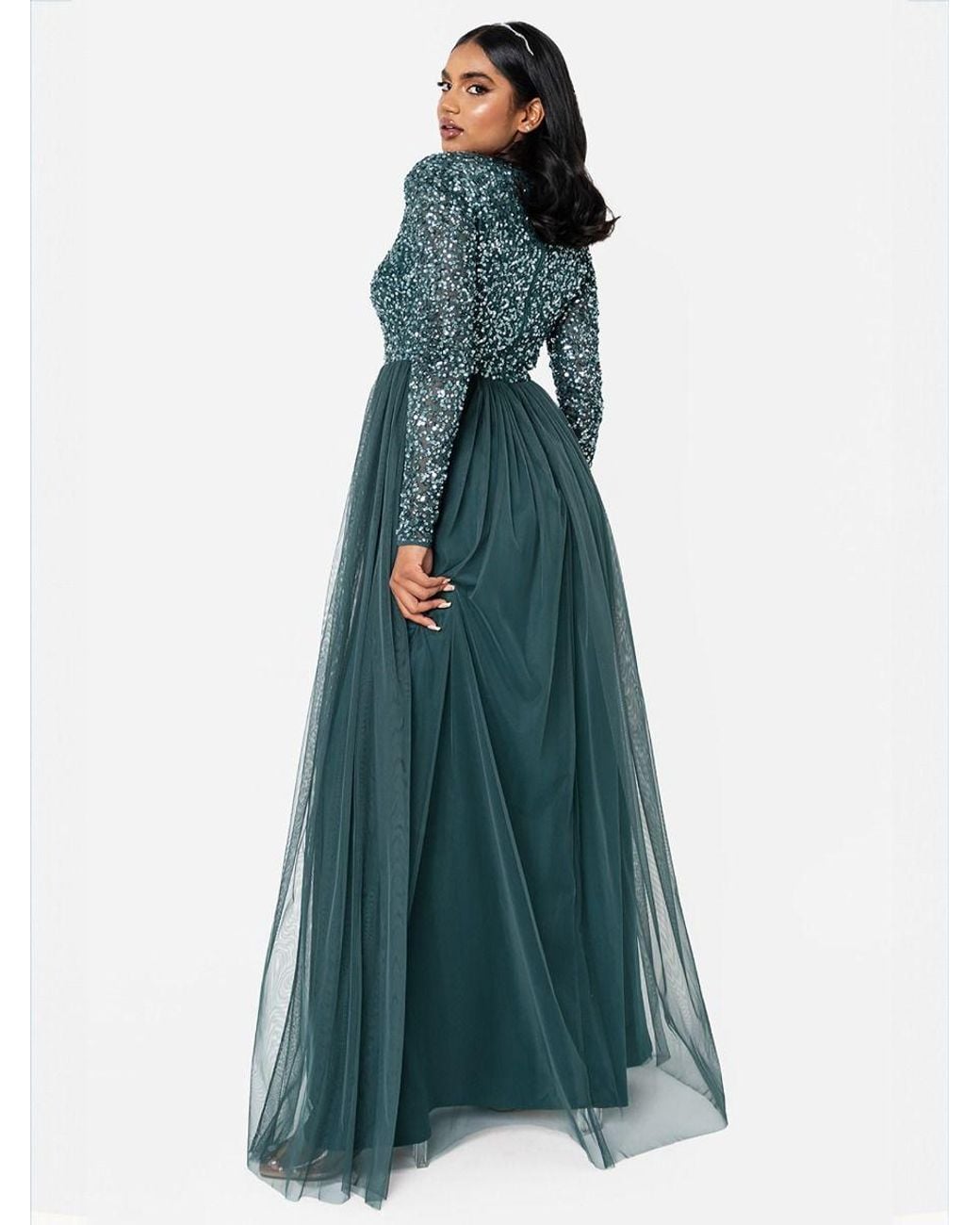 Maya Deluxe Blue V Neck Embellished Long Sleeve Maxi Dress