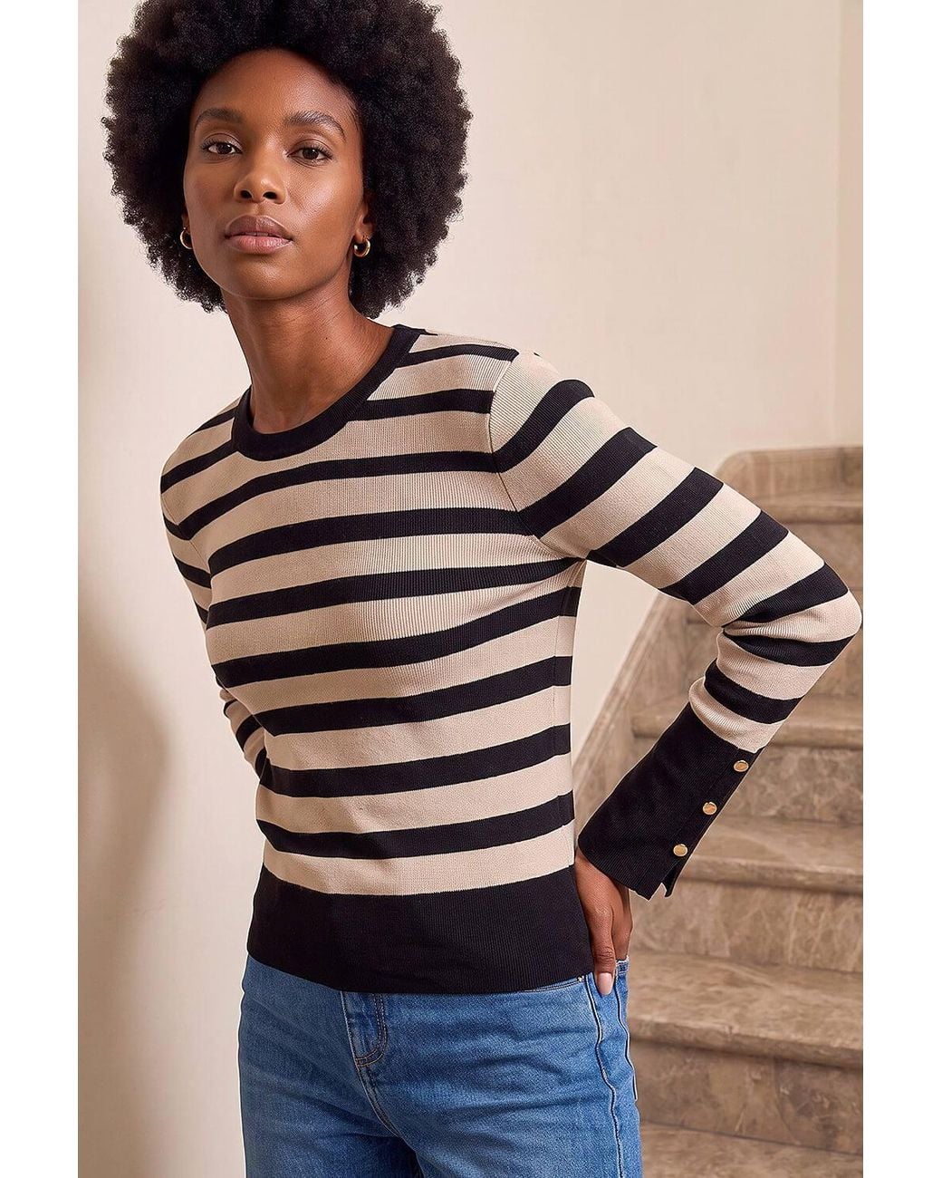 Roman White Stripe Button Detail Knit Jumper