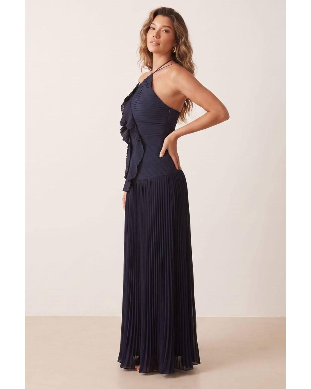 Style Cheat Blue Pleated Halter Tie Dress