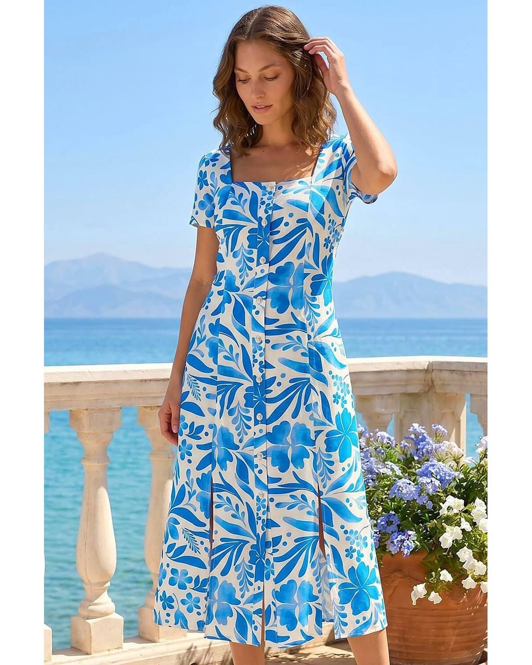 Roman Blue Petite Floral Button Front Midi Dress