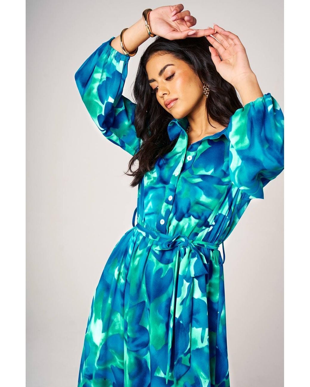 FS Collection Blue Abstract Floral Print Shirt Midi Dress With Ruffled Hem