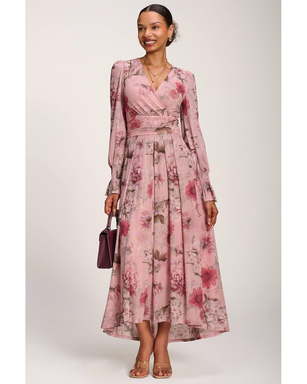 Jolie Moi Pink Long Sleeve V Neck Mesh Maxi Dress