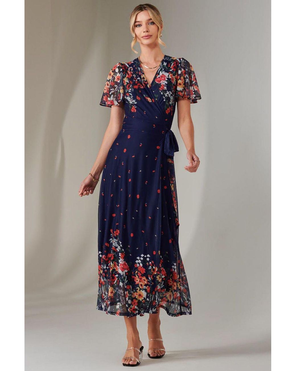 Jolie Moi Blue Mirror Print Mesh Wrap Maxi Dress
