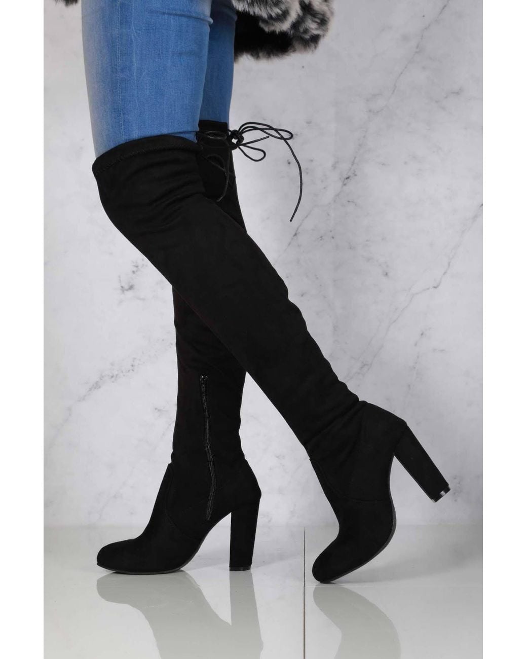 Miss Diva Black Cinda Block Heel Slim Over Knee Faux Suede Boots