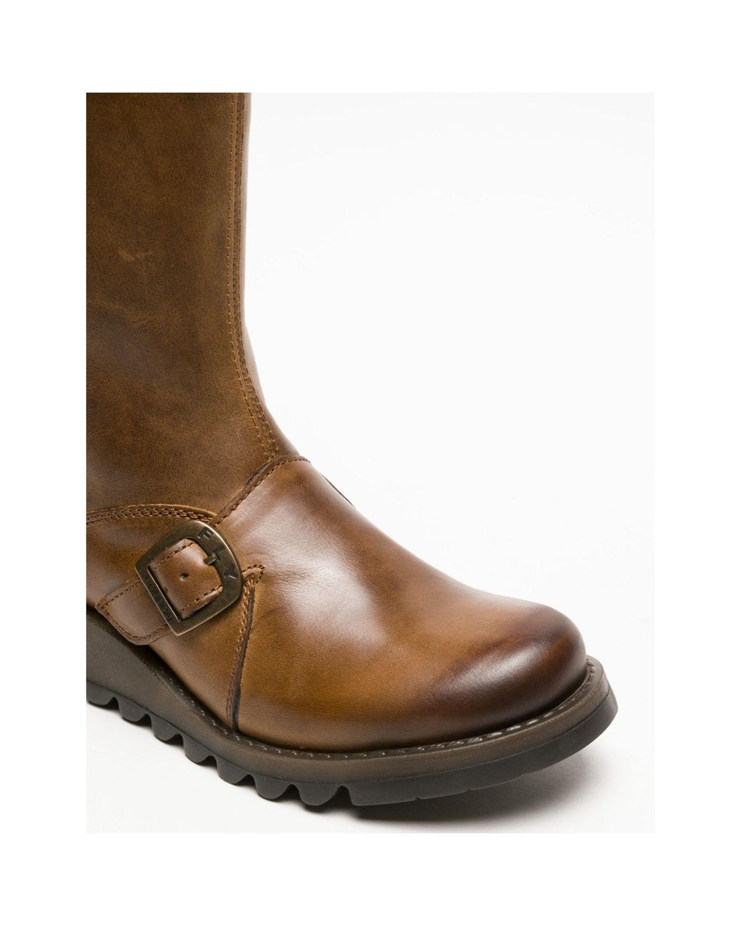 TruClothing Brown Wedge Heel Buckle Mid Calf Leather Boots