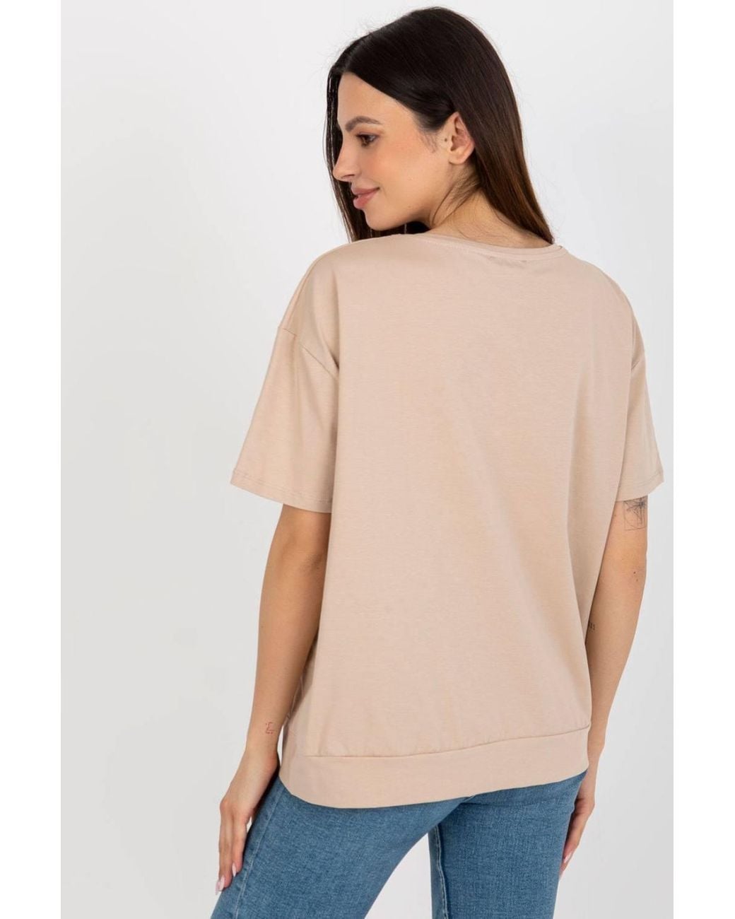 Love Lace Blue Short Sleeve Round Neck Blouse With Patch Style 180967