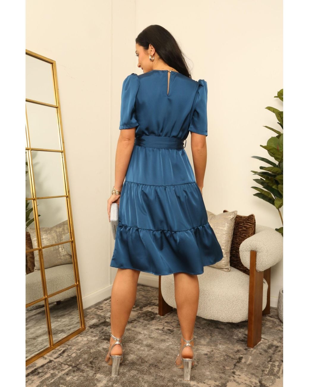 Double Second Blue Satin Puff Sleeve Tiered Wrap Dress