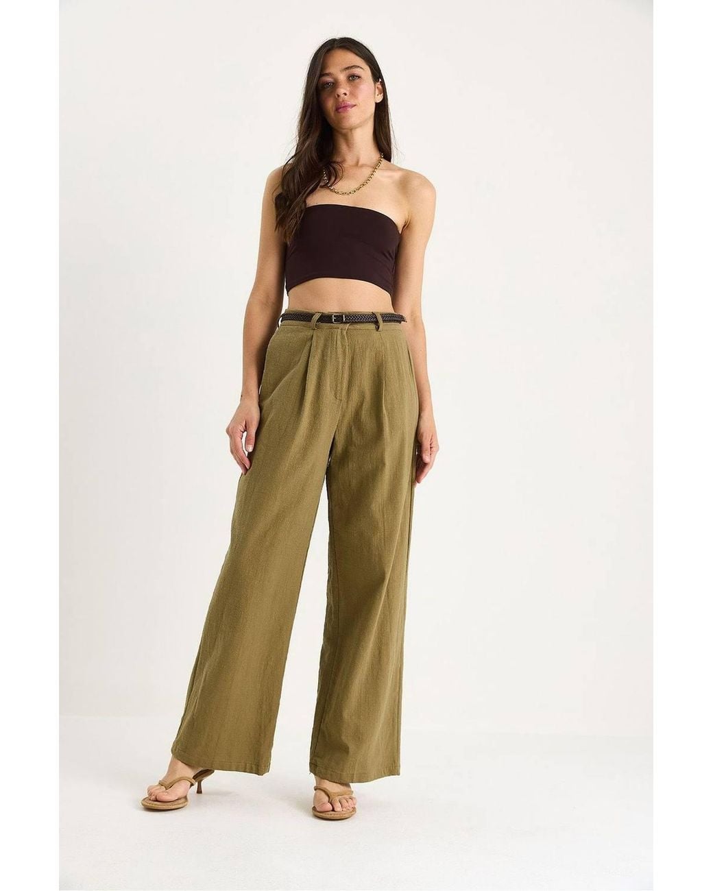 Bianco Lucci Green Textured Palazzo Pants With Pockets
