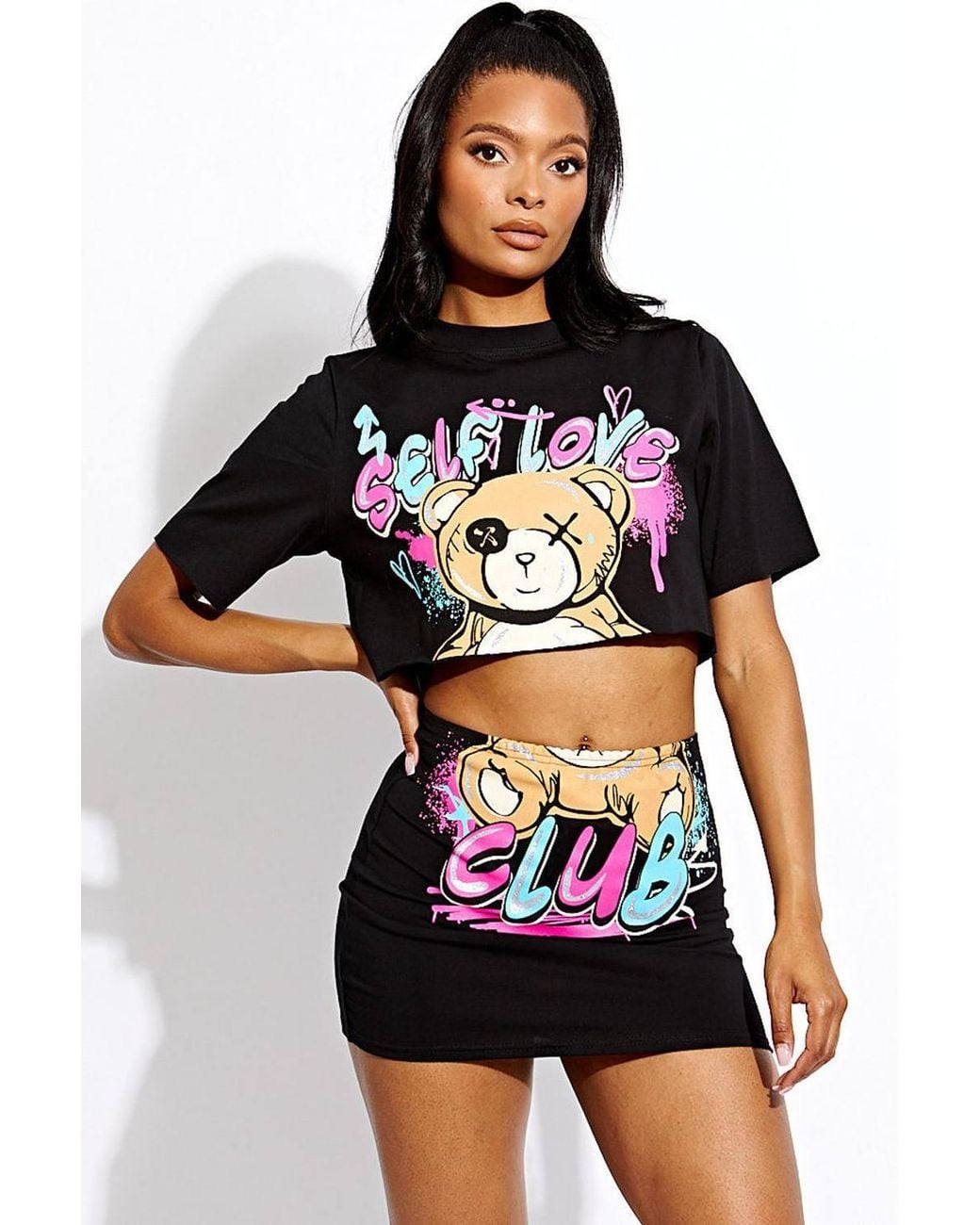Stylewise Black Teddy Graphic Glitter Print