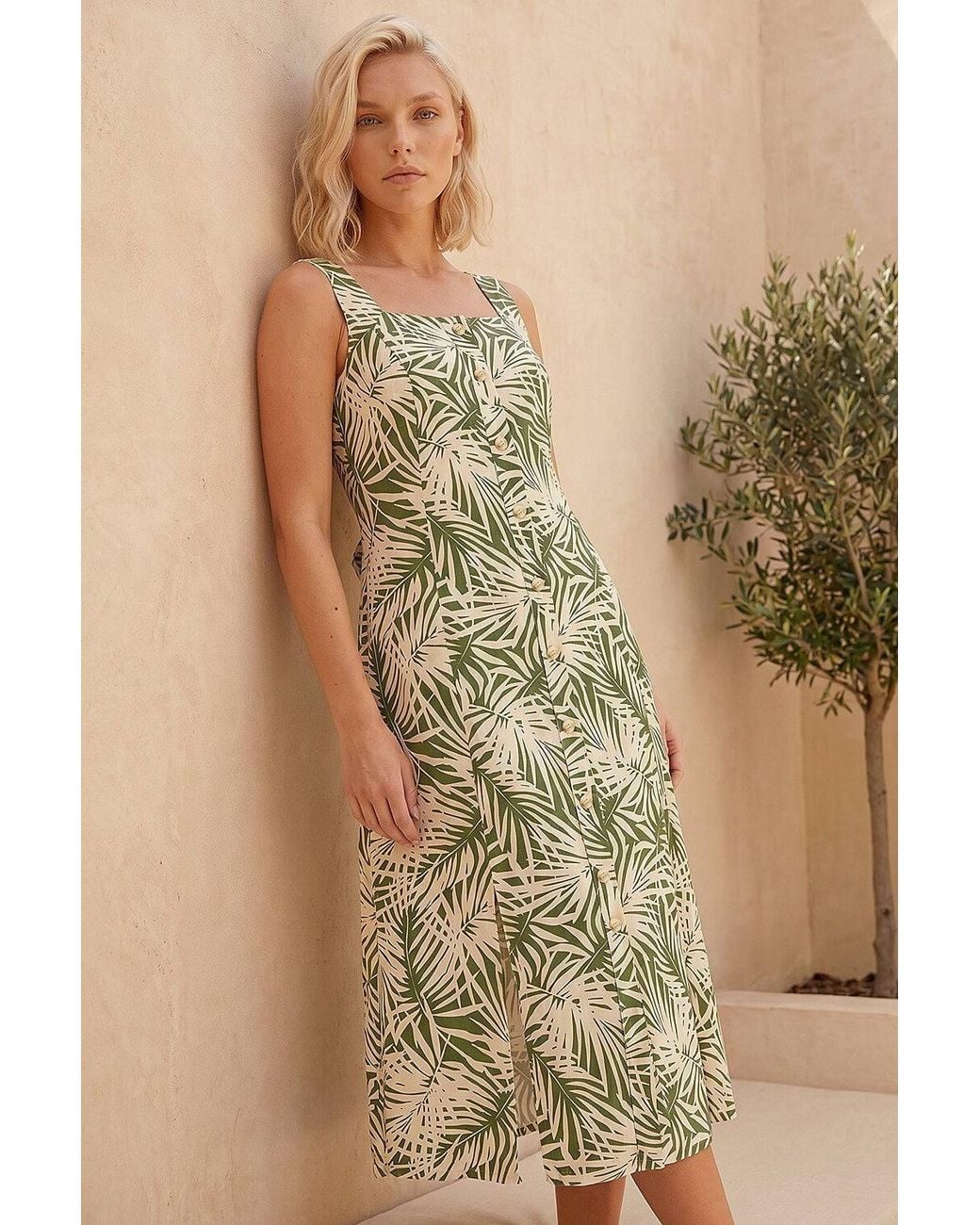Roman Natural Petite Leaf Print Button Midi Dress
