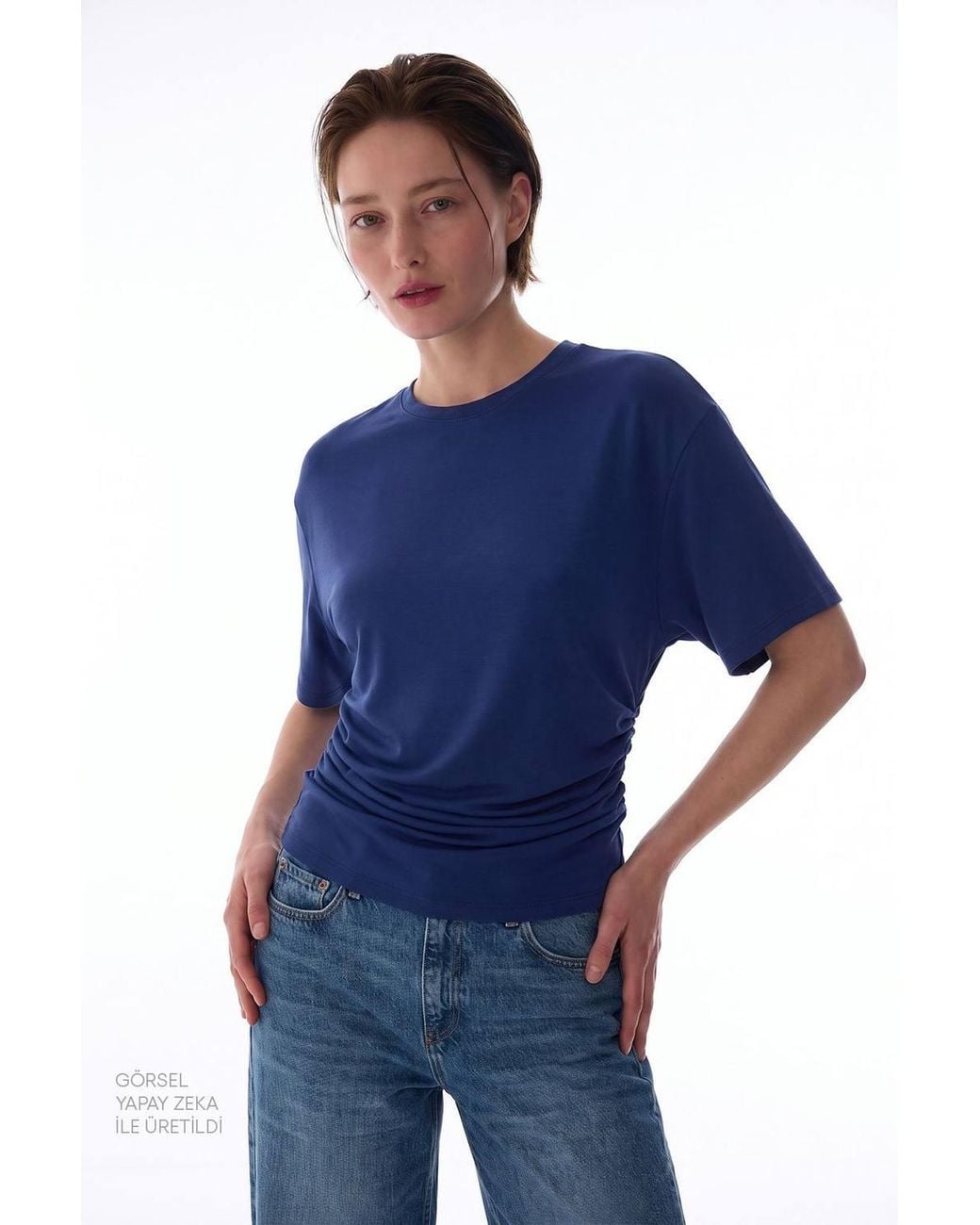 Penti Blue Modal Waist Detail Textured T-Shirt With Gathers