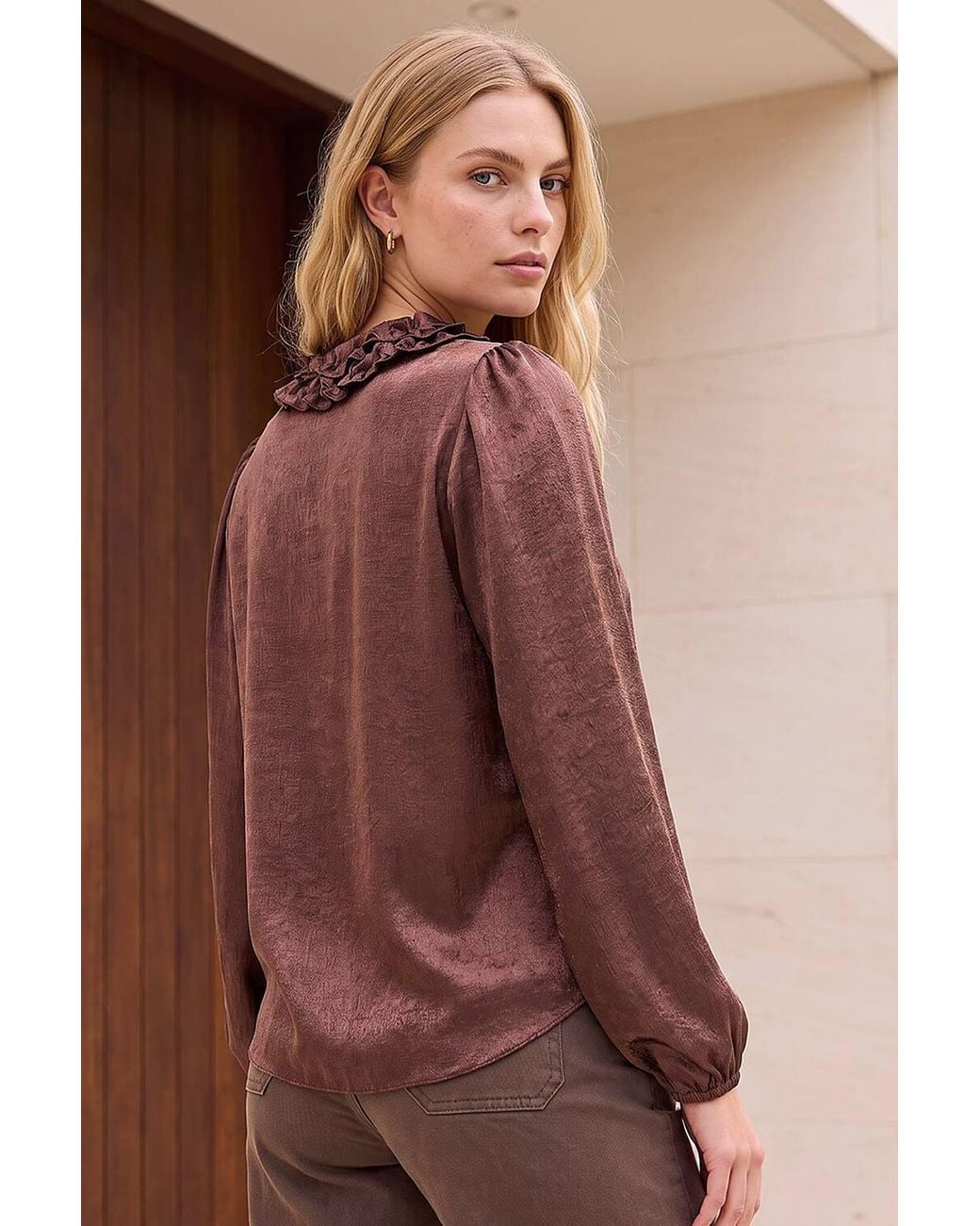 Roman Brown Crinkle Satin Frill V-Neck Top