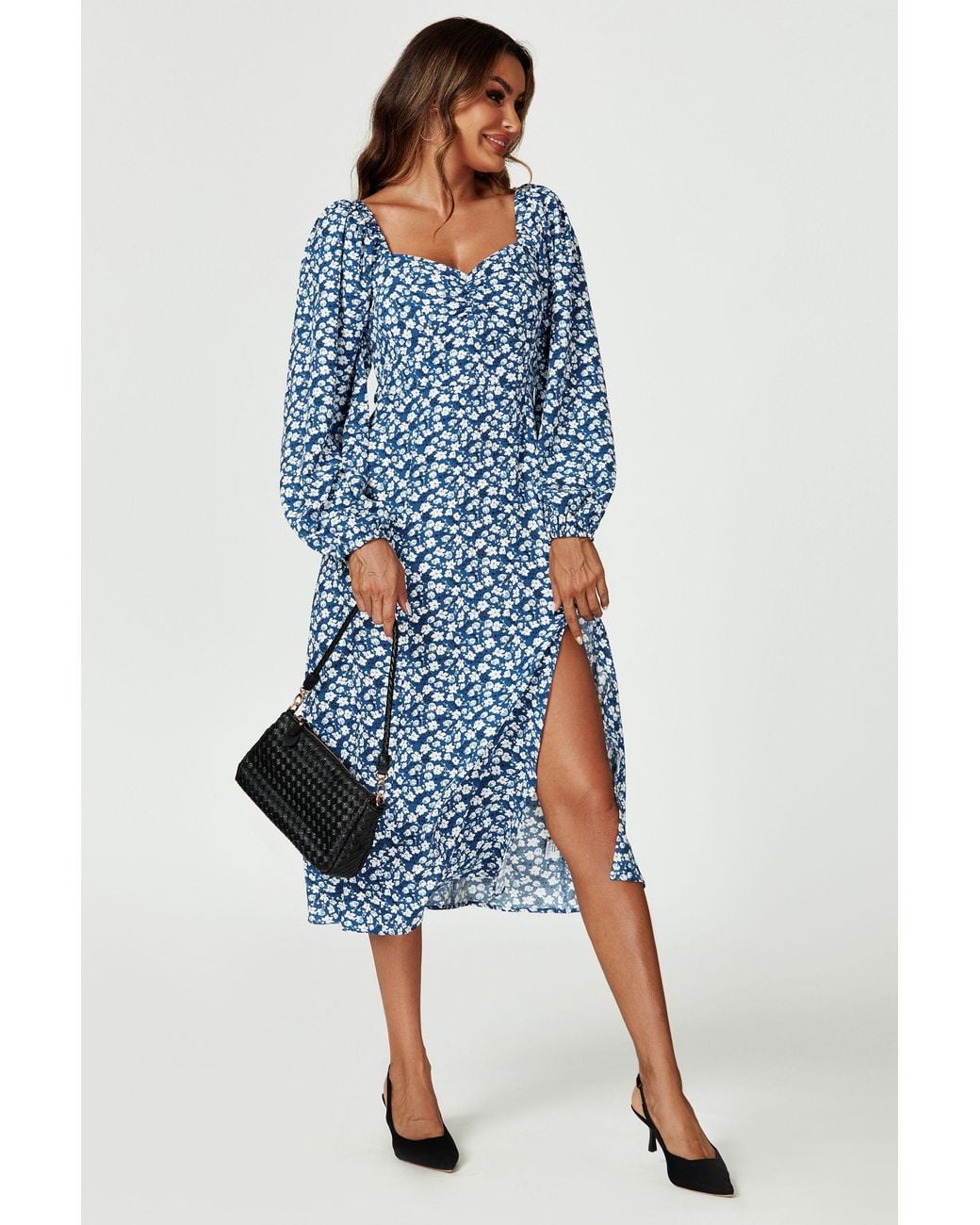 FS Collection Blue Floral Print Long Sleeve Heart Neckline Midi Dress
