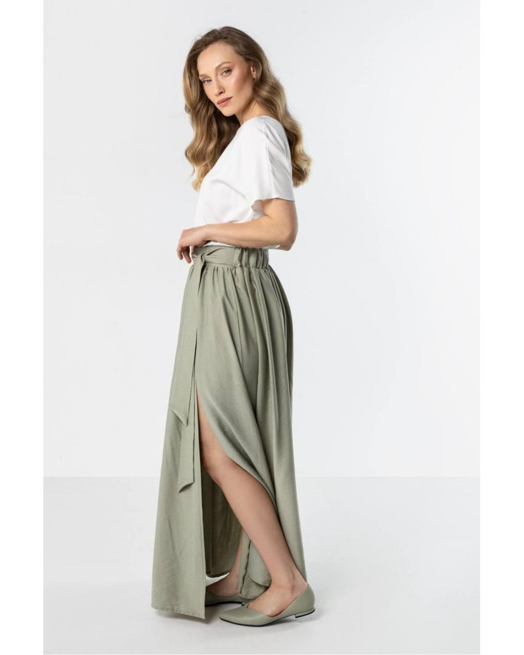 Love Lace Green Flowy High Waist Maxi Skirt With Tie Style 225331