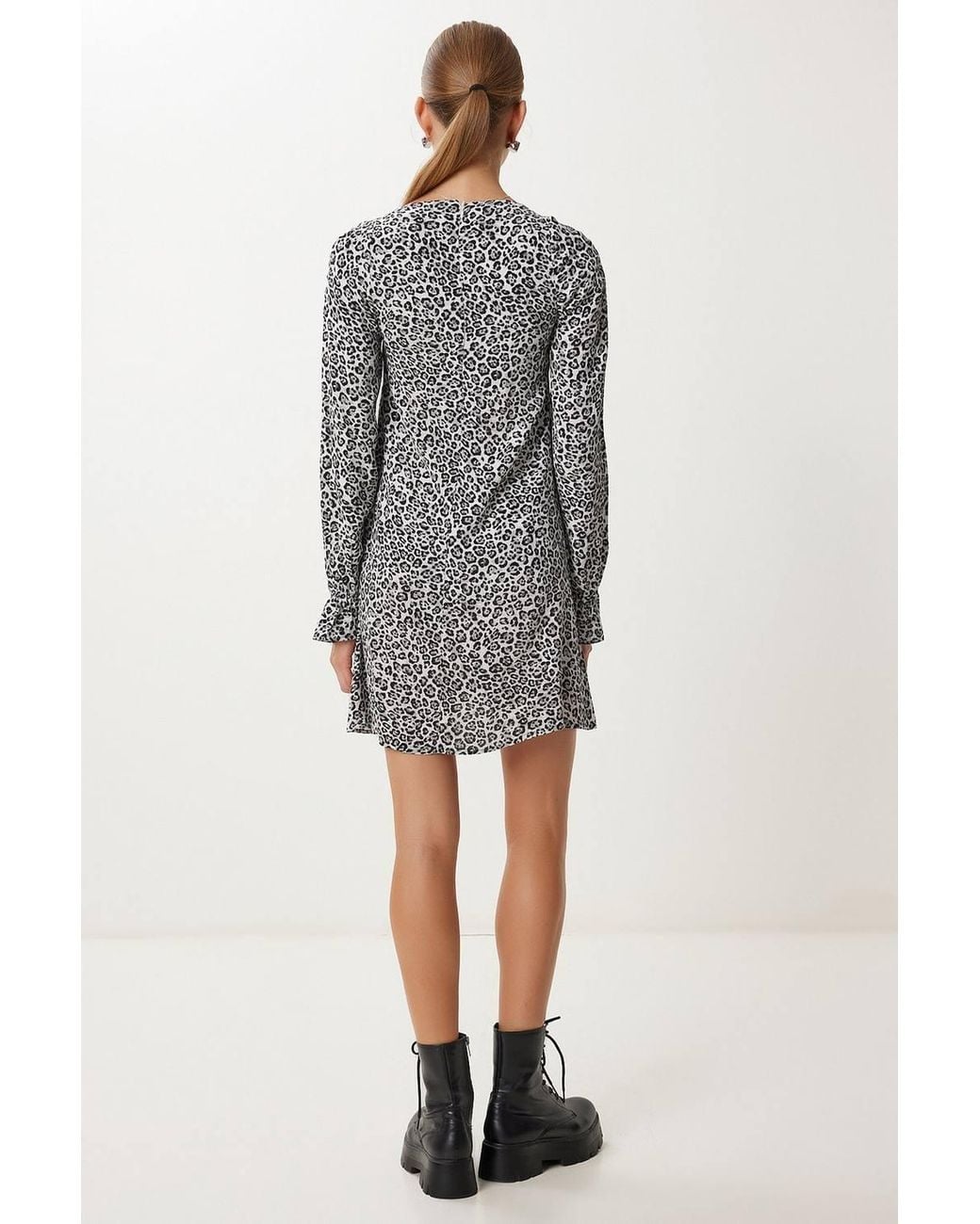 Happiness İstanbul Gray Leopard Print A-Line Mini Dress With Tie Detail