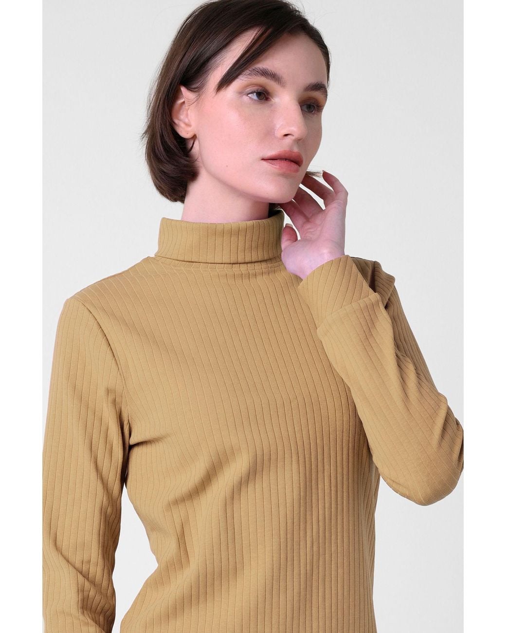 Enorsia Natural Ribbed Roll Neck Long Sleeve Mini Dress