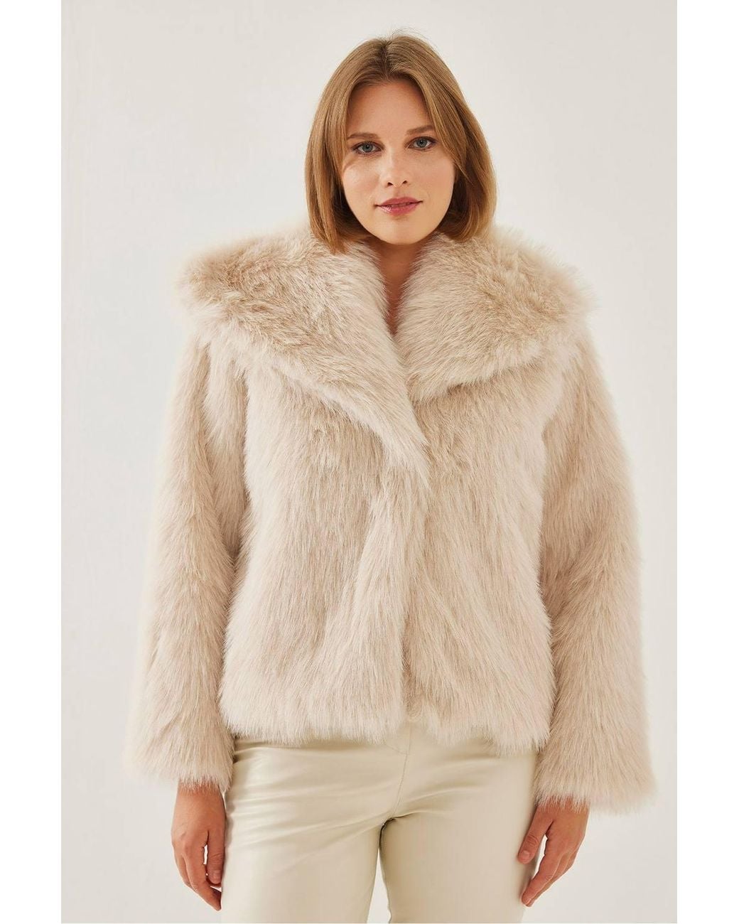 Bianco Lucci Natural Textured Puffer Coat With Faux Fur