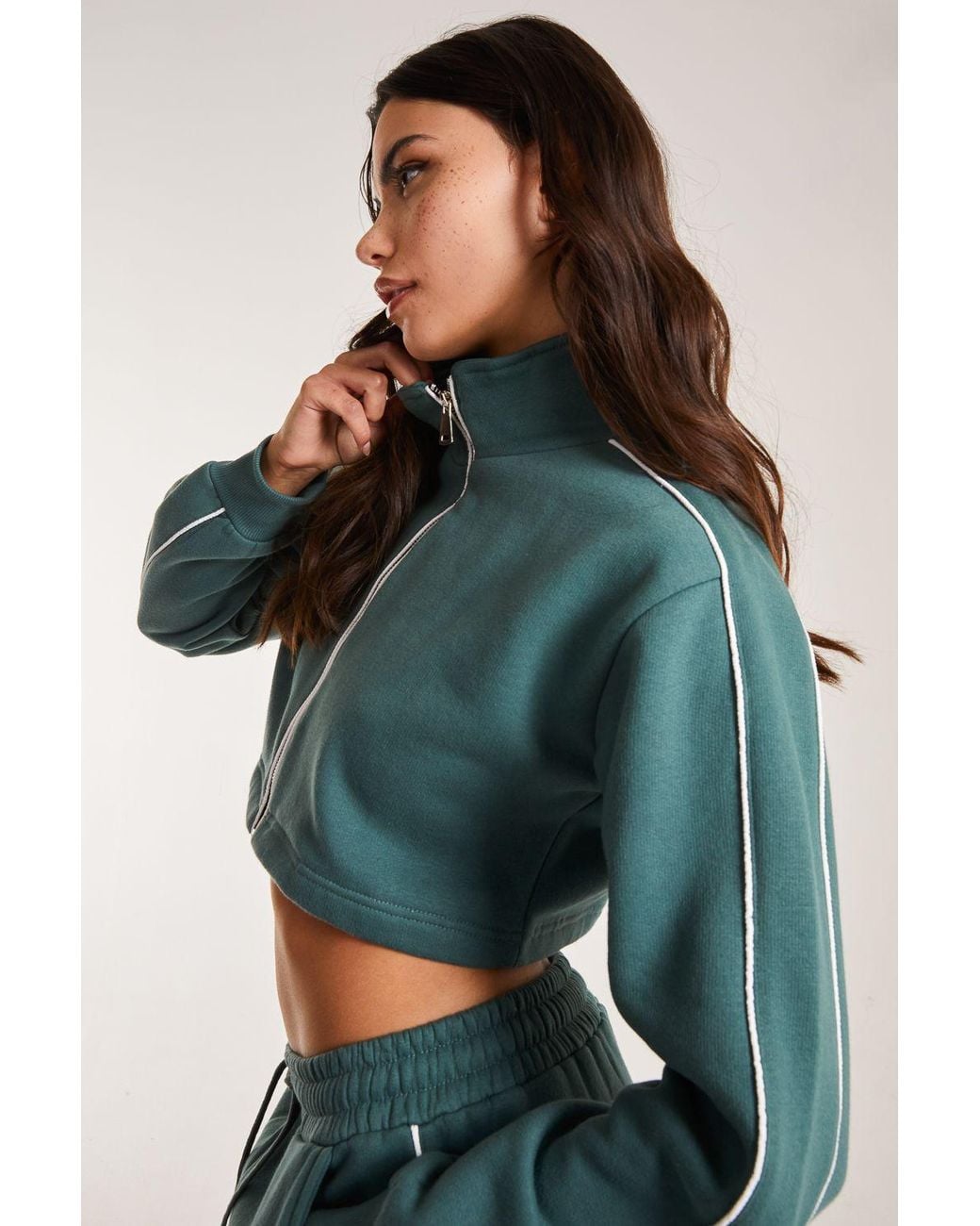 Pink Vanilla Green Piping Cropped Zip Up Sweat