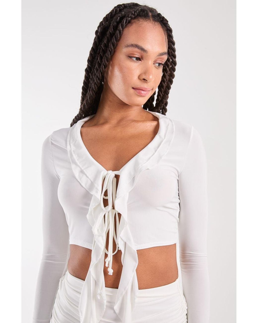 Pink Vanilla White Long Sleeve Slinky Ruffle Top