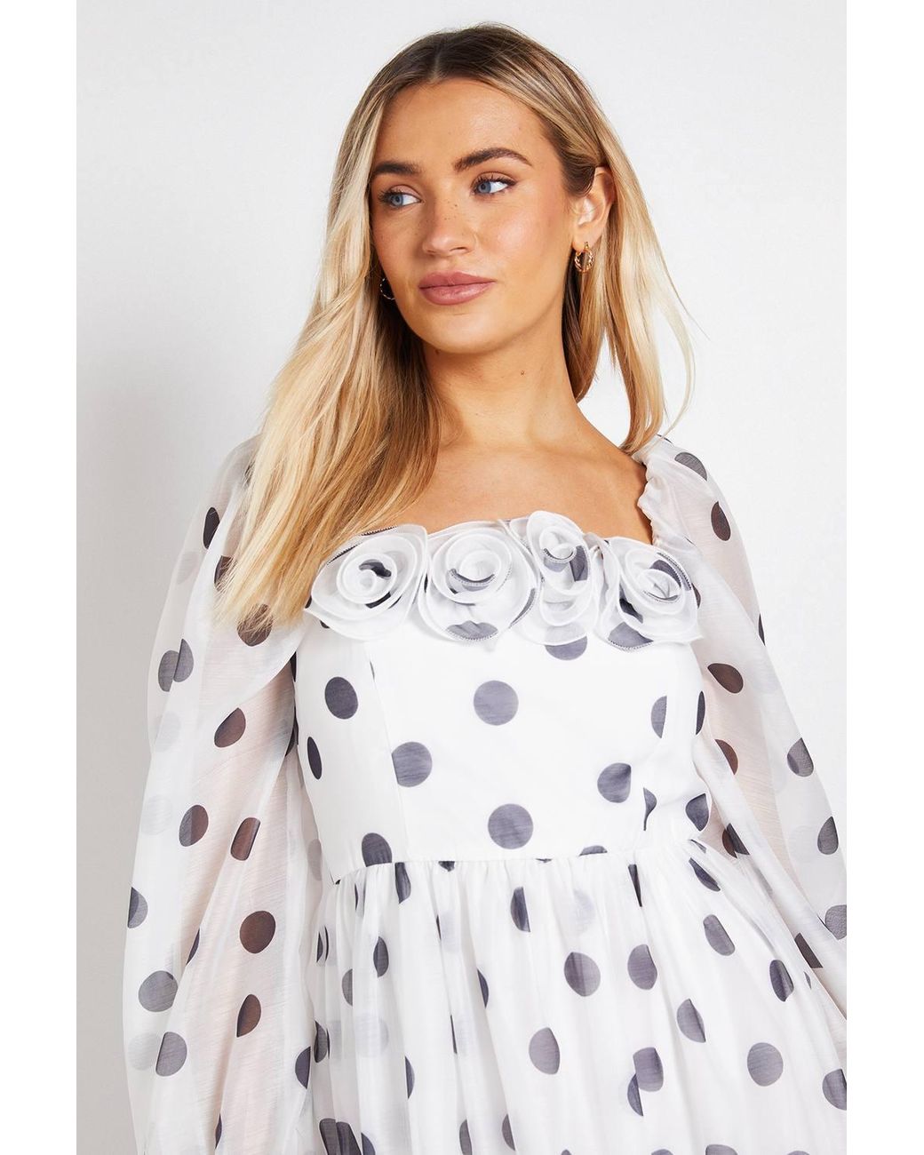 Dorothy Perkins White Dp Luxe Flower Detail Square Neck Printed Organza Midi Dress