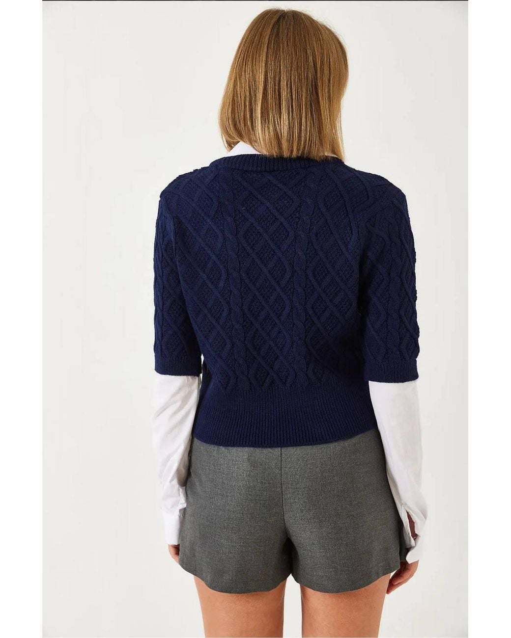 Bianco Lucci Blue Textured Knitwear Crop Sweater With Shirt Collar