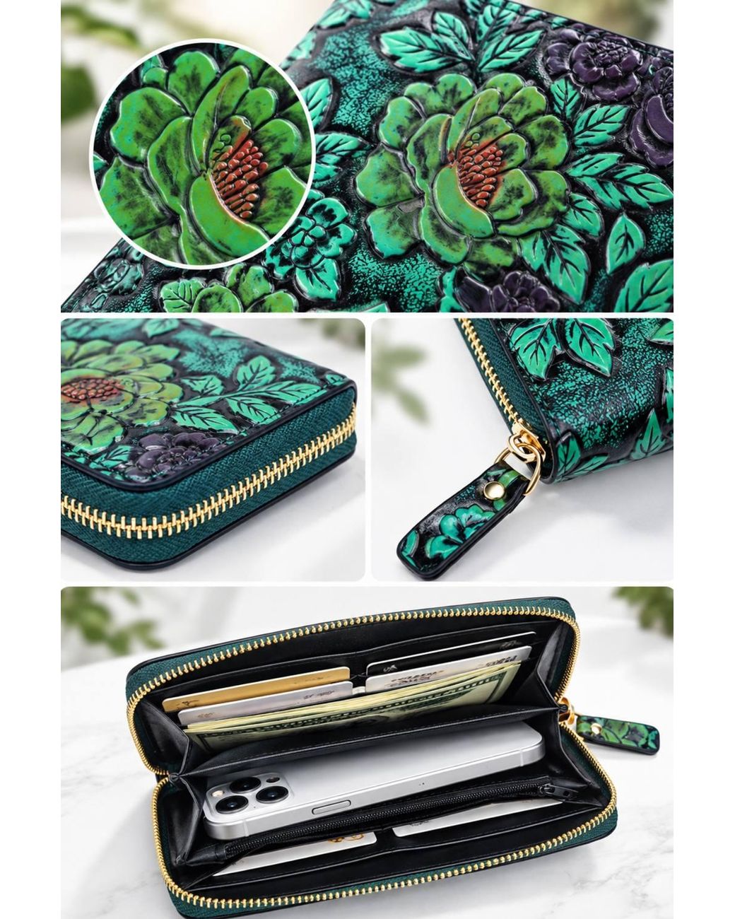 Lovii Green Vintage Floral Embossed Zip Around Long Purse