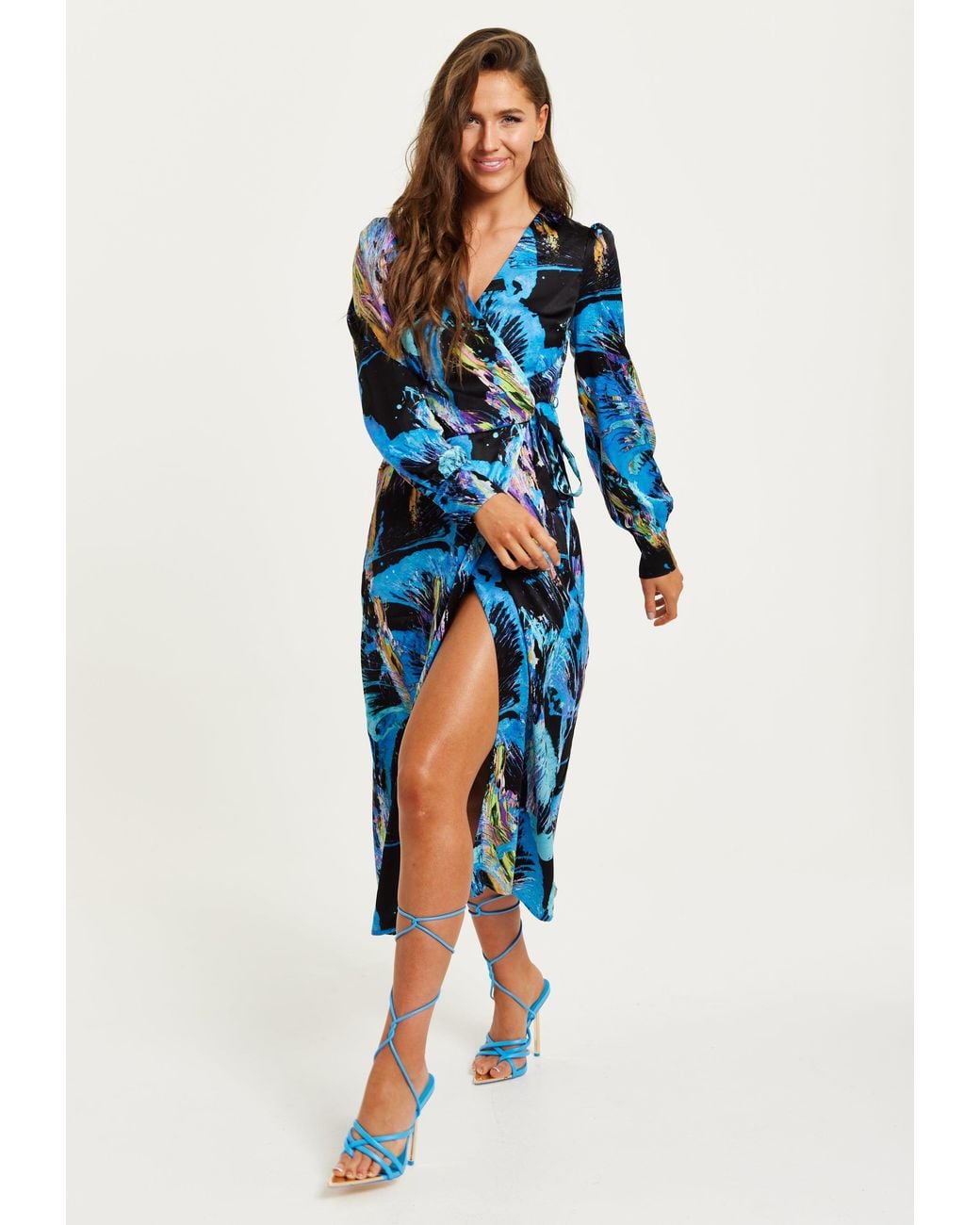 Liquorish Blue Multicolour Abstract Print Midi Wrap Dress With Long Sleeves
