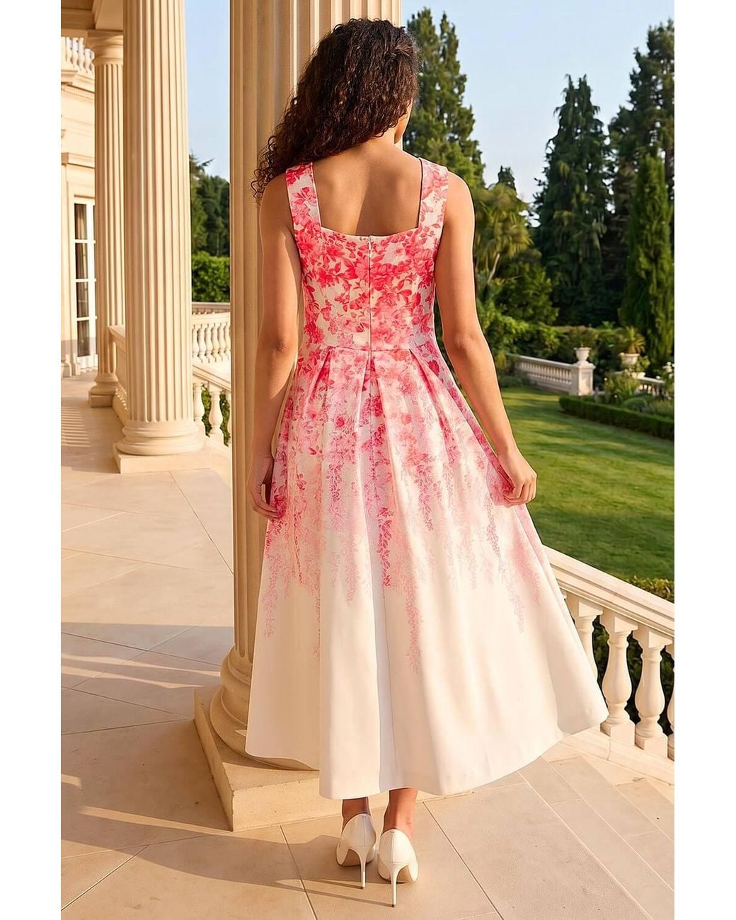 Roman Pink Petite Floral Waist Stretch Midi Dress