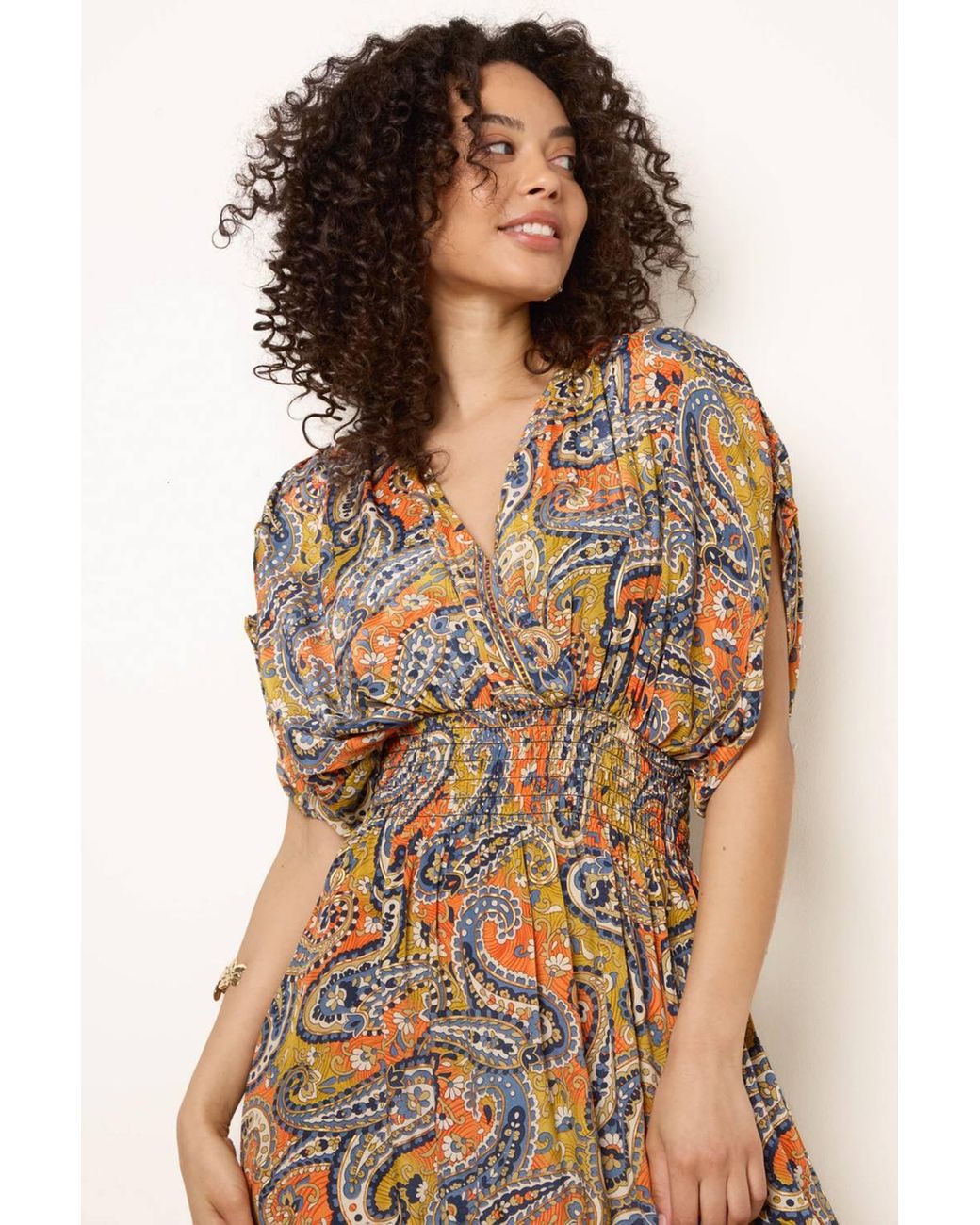 Blue Vanilla Natural Shirred Waist Multi Three Quarter Sleeve V-Neck Maxi Dress