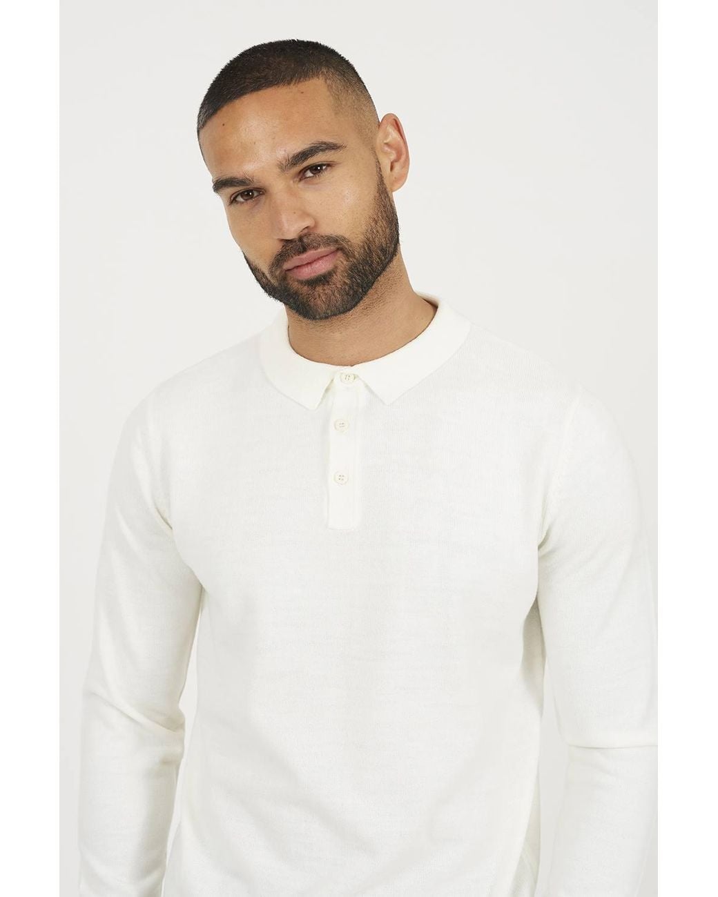 Brave Soul White Long Sleeve Knitted Polo for men
