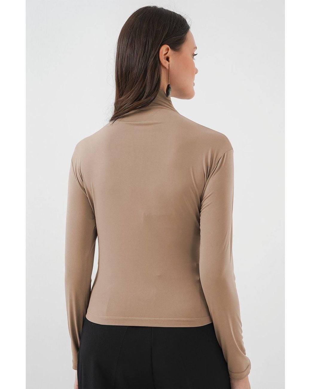 Bigdart Brown Fitted Turtleneck Blouse With Drape Detail