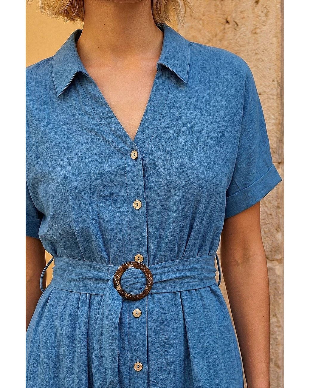 Roman Blue Linen Look Belted Shirt Dress