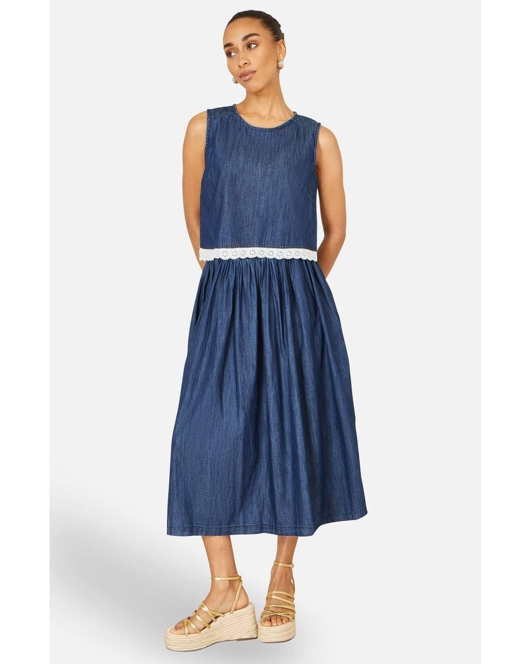Yumi' Blue Denim Chambray Gathered Midi Skirt