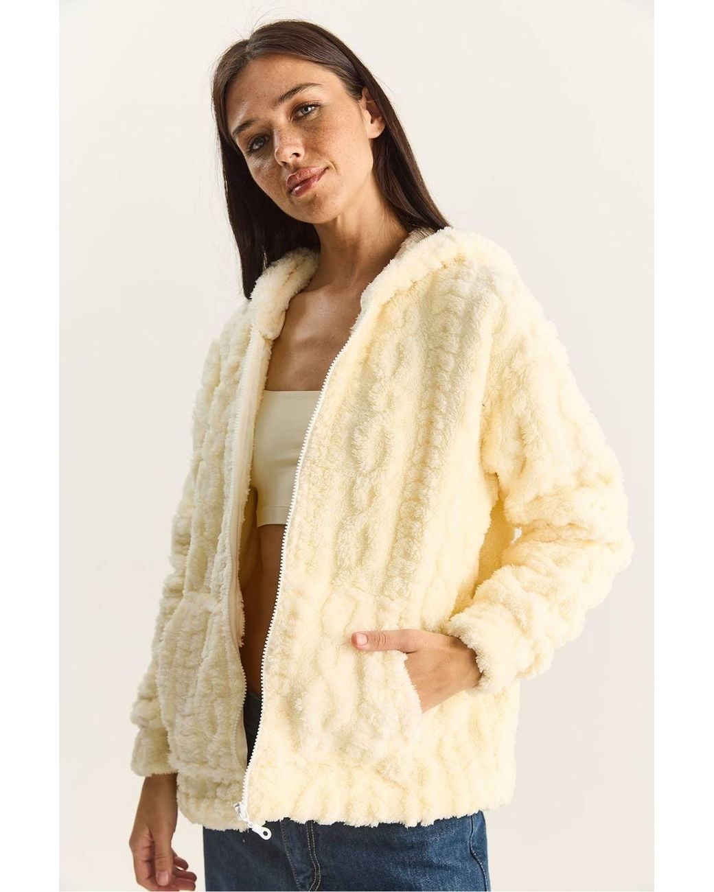 Bianco Lucci Natural Hooded Textured Knitted Cardigan With Zipper
