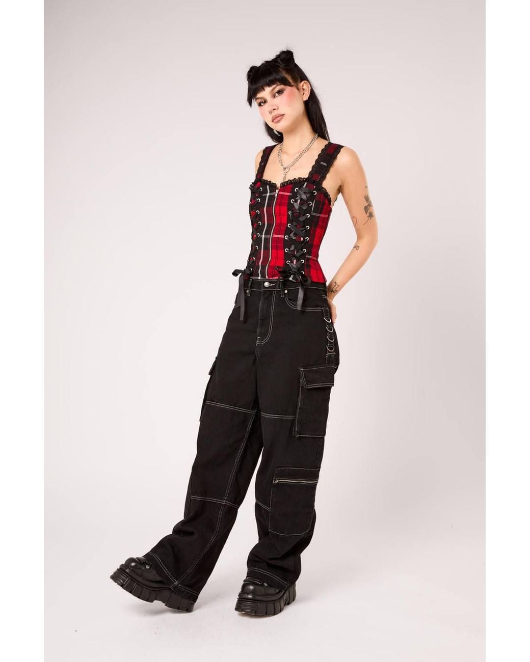 Hell Bunny Red Quinzel Tartan Lace Up Sweetheart Corset Style Top