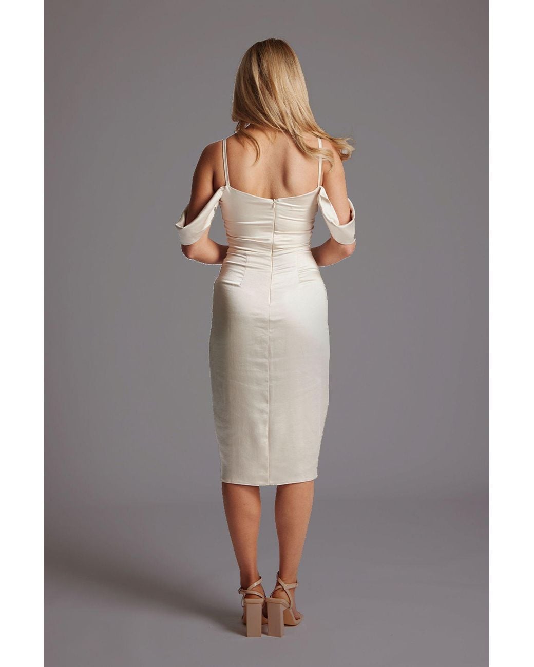 Vesper Gray Bardot Draped Bust Satin Midi Dress