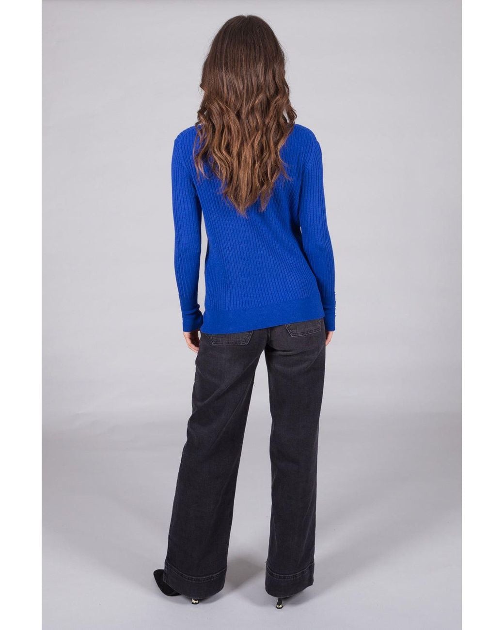 Solo Blue Ribbed V-Neck Jumper With Button Cuffs