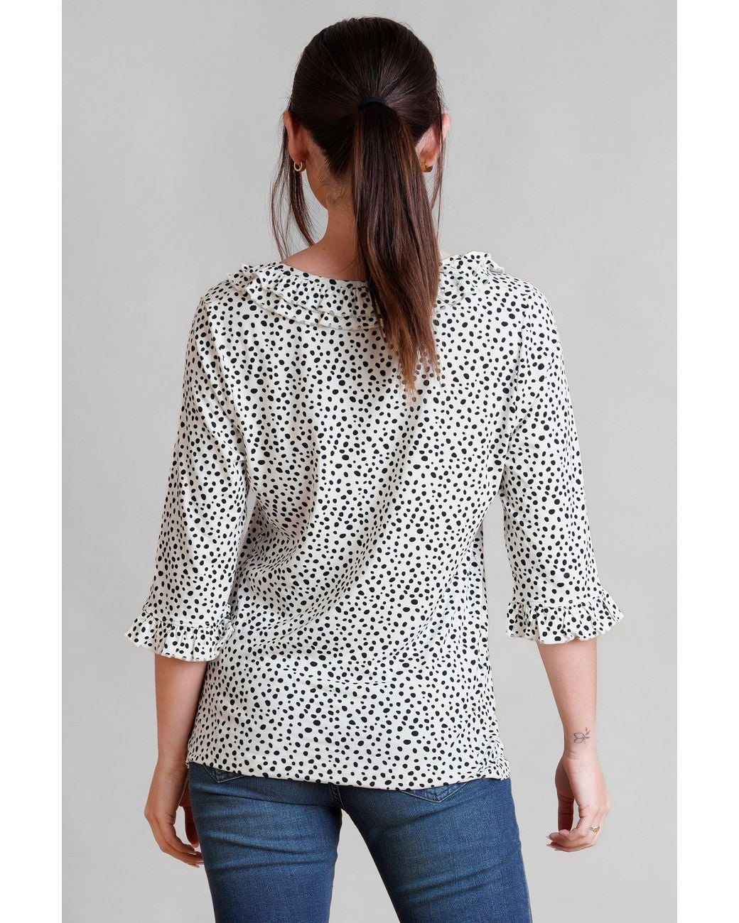 Enorsia Gray Polka Dot Prints Frill Neck Jersey Blouse