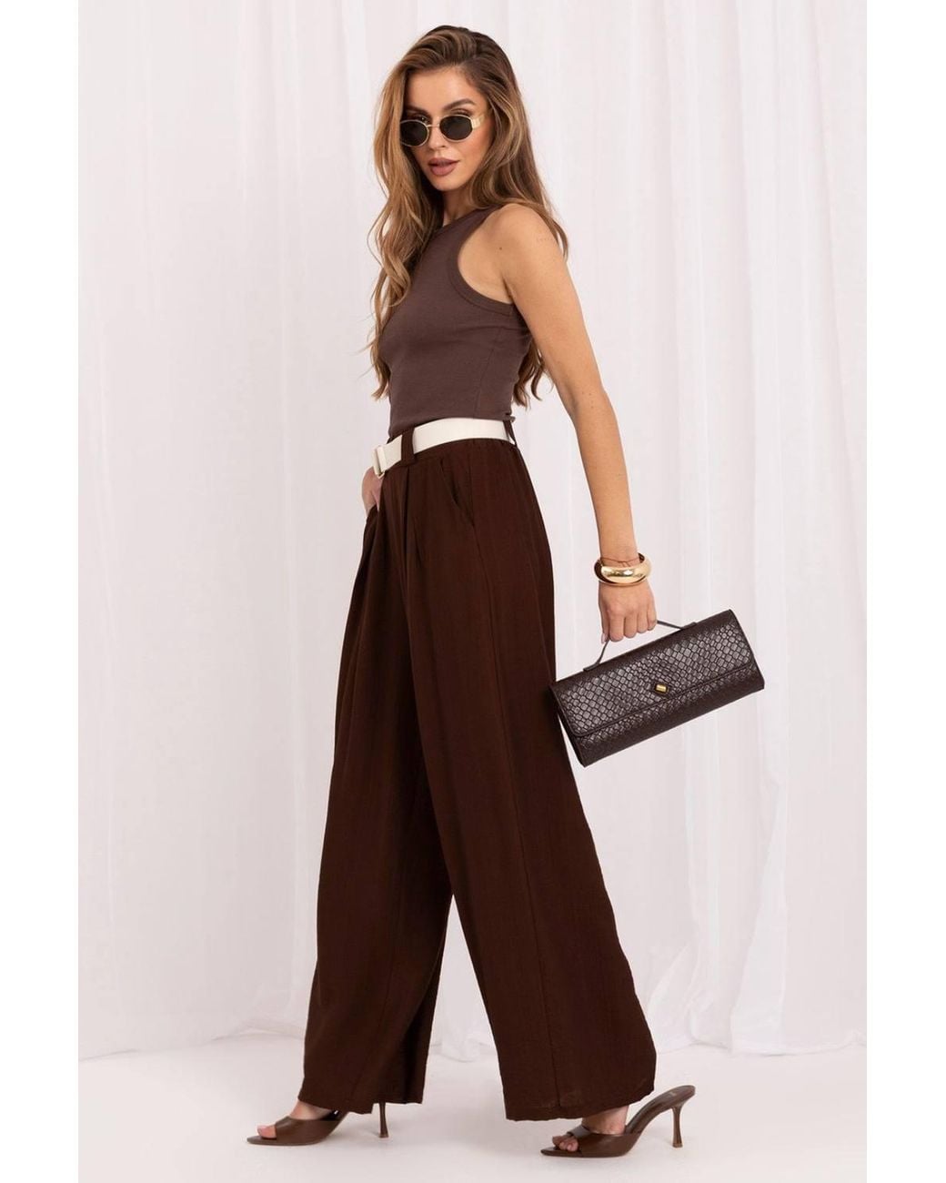Love Lace Brown Elegant Viscose High Waisted Wide Leg Trousers