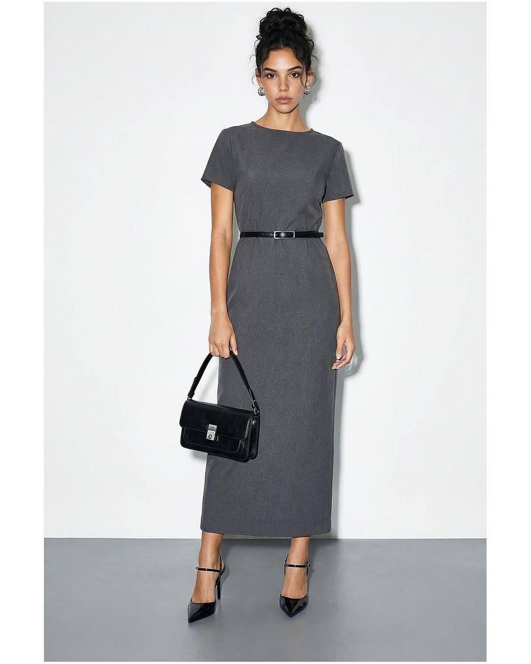 Bianco Lucci Multicolor Belted Midi Dress With Crew Neck
