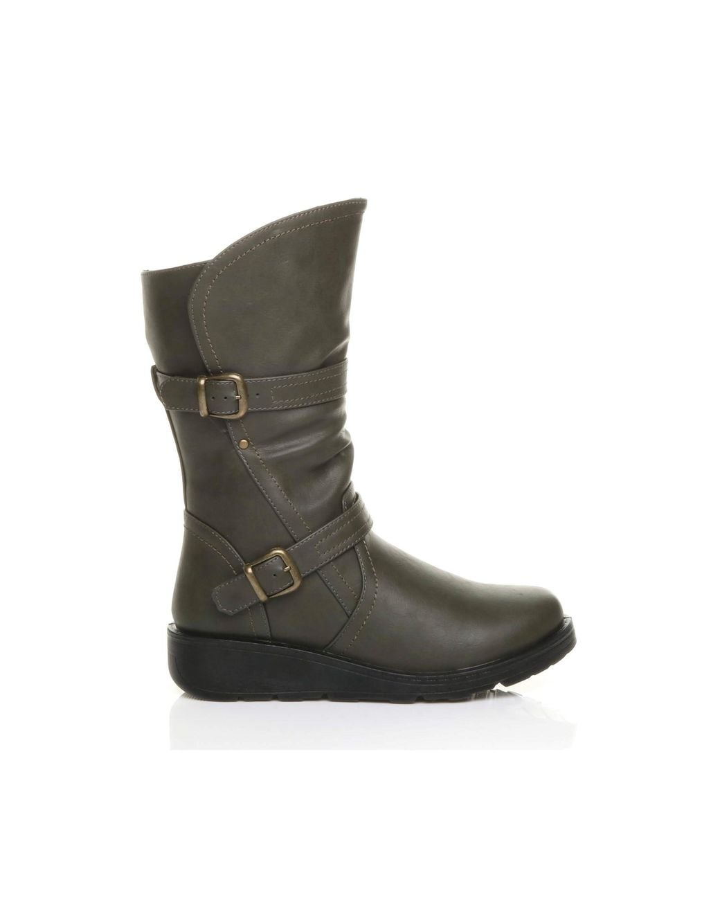 AJVANI Green Low Wedge Heel Comfort Calf Biker Boots