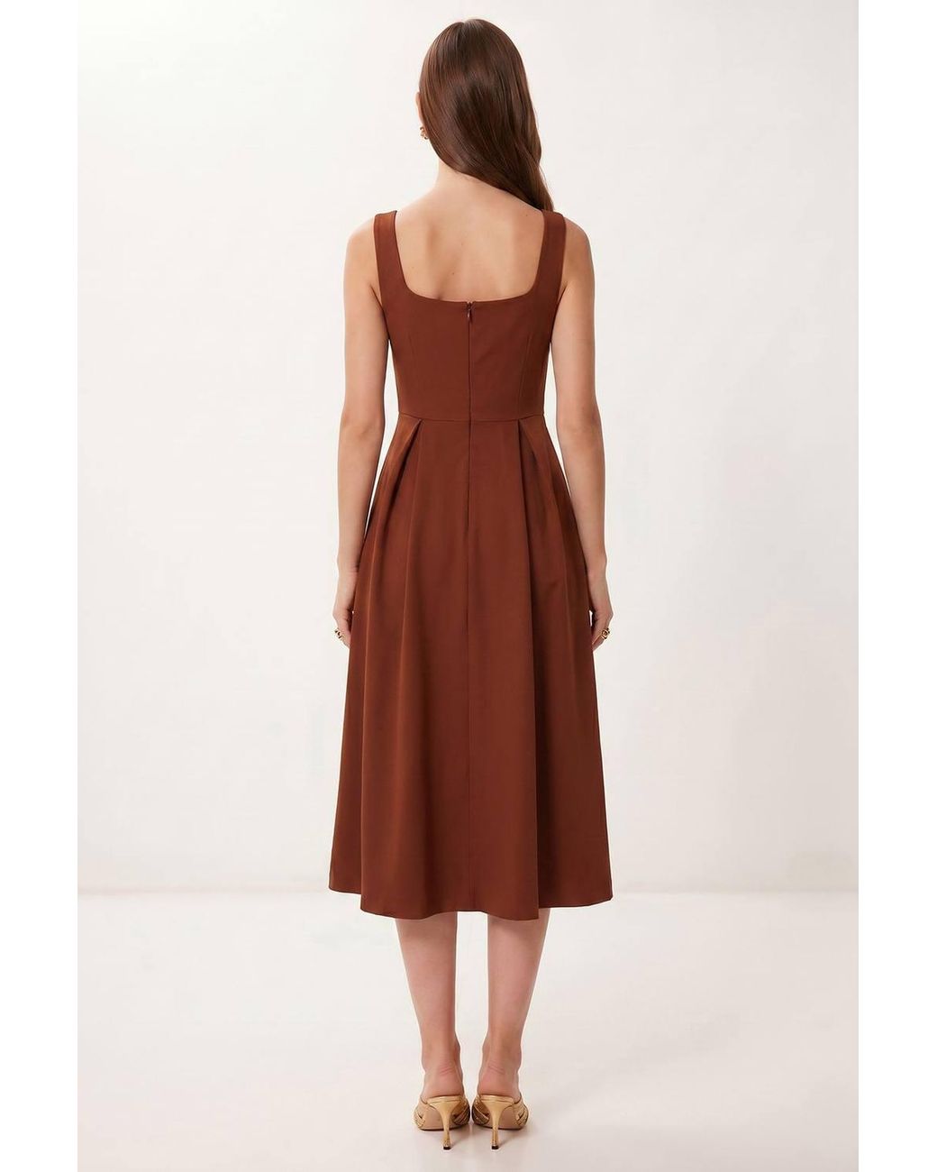 Happiness İstanbul Red Square Collar A-Form Midi Dress With Zipper Closure