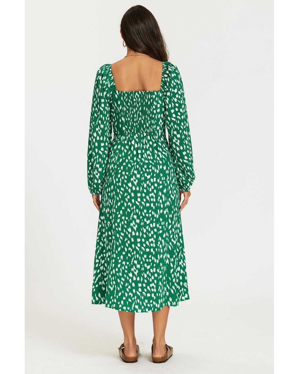 FS Collection Green Brushstroke Print Long Sleeve Heart Neckline Midi Dress